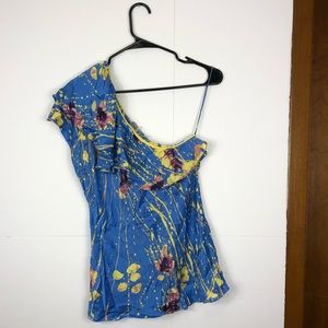 Blue Charlize Curacao Silk Ruffled One Shoulder Blouse Sz M